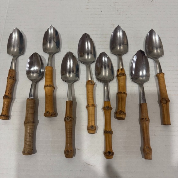 The Unbranded Brand Other - 9 Natural Bamboo Handle Stainless Fruit /Grapefruit Spoons 6" Japan